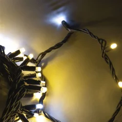Гирлянда Нить 10м Тепло-Белая с Мерцанием Белого Диода 220В, 100 LED, Провод Черный Каучук, IP65