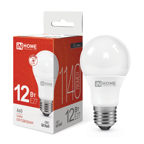 Лампа светодиодная LED-A60-VC 12Вт 230В Е27 4000К 1140Лм IN HOME - Фото