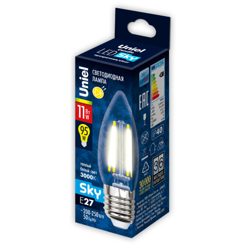 LED-C35-11W-3000K-E27-CL PLS02WH Лампа светодиодная, Форма свеча, прозрачная, Серия Sky, Теплый белый свет 3000К. - фото 4