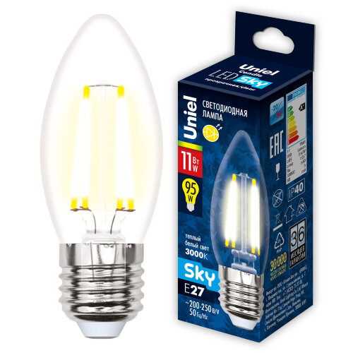 LED-C35-11W-3000K-E27-CL PLS02WH Лампа светодиодная, Форма свеча, прозрачная, Серия Sky, Теплый белый свет 3000К. - фото 5