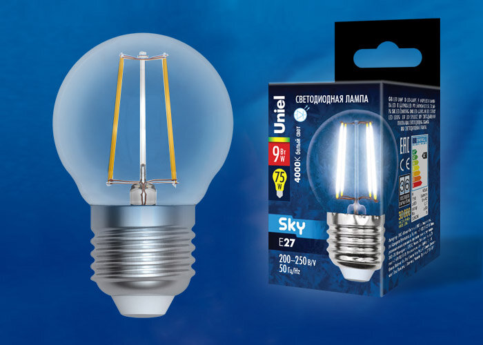 LED-G45-9W/4000K/E27/CL PLS02WH Лампа светодиодная. Форма "шар", прозрачная. Серия Sky. Белый свет (4000К) - фото