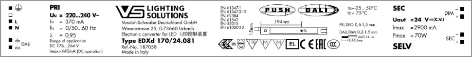 VS (24V 70W DALI/1-10V IP20) EDXd 170/24.081 359х30х21мм - Драйвер для светодиодов Vossloh-Schwabe. Фото 2