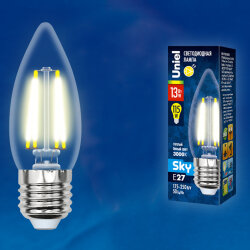 LED-C35-13W-3000K-E27-CL PLS02WH Лампа светодиодная, Форма свеча, прозрачная, Серия Sky, Теплый белый свет 3000К.