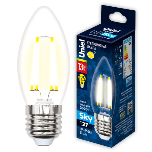 LED-C35-13W-3000K-E27-CL PLS02WH Лампа светодиодная, Форма свеча, прозрачная, Серия Sky, Теплый белый свет 3000К. - фото 5