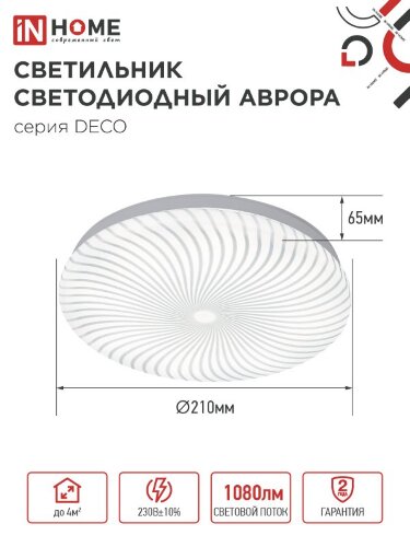 Светильник светодиодный серии DECO АВРОРА 12Вт 230В 4000К 1080Лм 210х65мм IN HOME - Фото 3