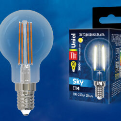 LED-G45-11W-3000K-E14-CL PLS02WH Лампа светодиодная, Форма шар, прозрачная, Серия Sky, Теплый белый свет 3000К.