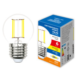 LED-G45-6W-3000K-E27-CL-SLF Лампа светодиодная, Форма шар, прозрачная, Теплый белый свет 3000K