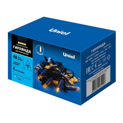 ULD-S0800-040/SGA WARM WHITE IP20 CANDLES Гирлянда светодиодная «Свеча», 8м. 40 светодиодов. Теплый белый свет. Провод зеленый. ТМ Uniel - фото