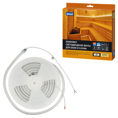 ULS-N40-2835-120LED-m-16mm-IP68-DC24V-10W-m-5M-3000K NEON SET01 Комплект светодиодной ленты для бань и саун, до +100С, катушка 5м, Теплый белый свет 3000К, Крепление в-к, TM Uniel - фото 9