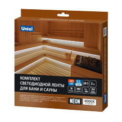ULS-N40-2835-120LED-m-16mm-IP68-DC24V-10W-m-5M-4000K NEON SET01 Комплект светодиодной ленты для бань и саун, до +100С, катушка 5м, Белый свет 4000К, Крепление в-к, TM Uniel