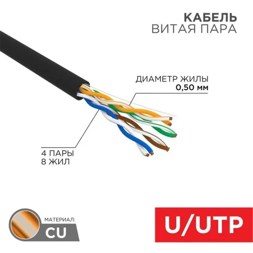 Кабель витая пара U/UTP кат.5E 4х2х24AWG solid CU PE Outdoor черн. (м) Rexant 01-0045 - фото