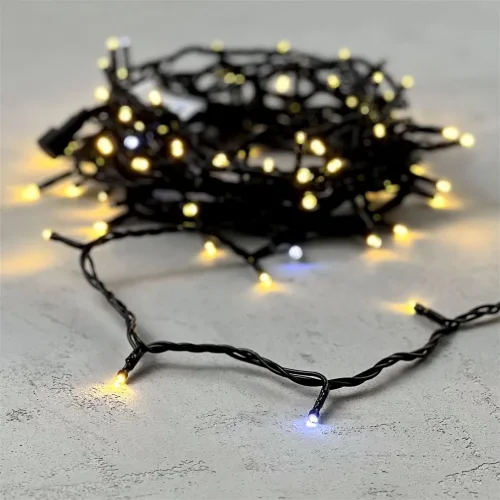Гирлянда Нить 10м Тепло-Белая с Мерцанием Белого Диода 24В, 100 LED, Провод Черный ПВХ, IP54. Фото 6.