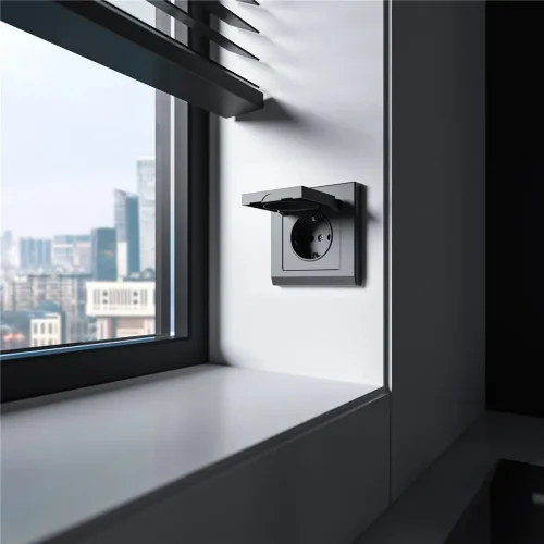 Розетка влагозащ. с зазем. с защит. крышкой и шторками N (графит матовый) W1171264 - фото 2