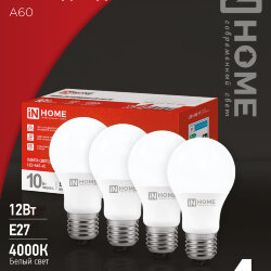 Лампа светодиодная LED-A60-VC 4PACK 10Вт 230В Е27 4000К 950Лм (4шт./упак) IN HOME
