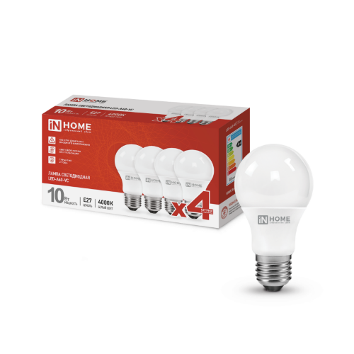 Лампа светодиодная LED-A60-VC 4PACK 10Вт 230В Е27 4000К 950Лм (4шт./упак) IN HOME - Фото 2