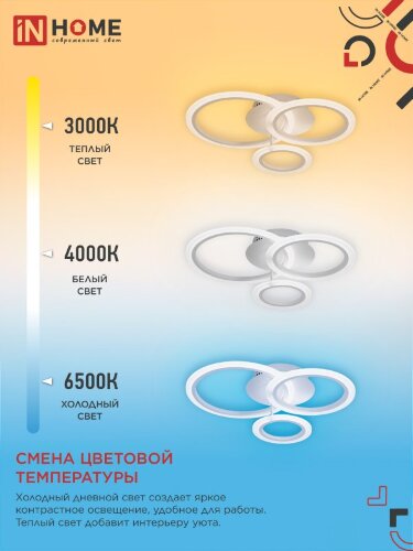 Светильник светодиодный ELEGANT BLISS-W 60Вт 230В 3000-6500K 4700Лм 508х390х120мм c пультом ДУ белый IN HOME - Фото 5