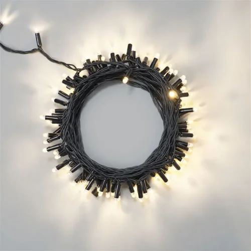 Гирлянда Нить 10м Тепло-Белая 24В, 100 LED, Провод Черный Каучук 2,3мм, IP65. Фото 1.