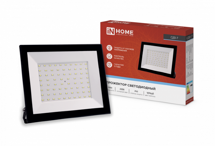Прожектор светодиодный СДО-7 100Вт 230В 6500К IP65 черный IN HOME - Фото 2