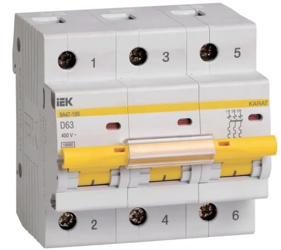 Выключатель автоматический модульный 3п D 63А 10кА ВА47-100 KARAT IEK MVA40-3-063-D - фото