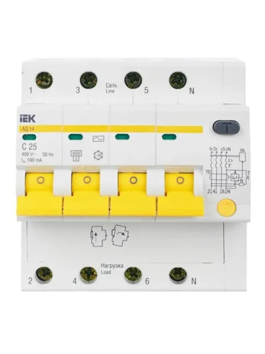 Выключатель автоматический дифференциального тока 4п C 25А 100мА тип AC 4.5кА АД-14 KARAT IEK MAD10-4-025-C-100 - фото 2