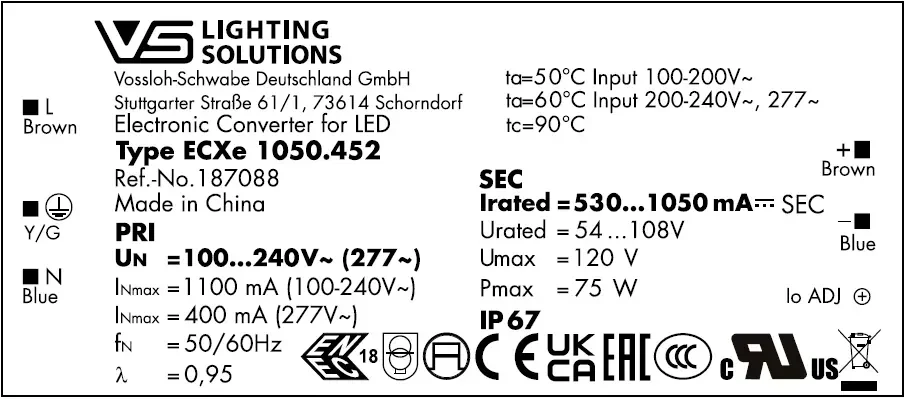 Драйвер влагозащищённый для светодиодов 75W/530-1050мА 40-108V IP67 | потенциометр | ECXe 1050.452 | - Vossloh-Schwabe. Фото 3