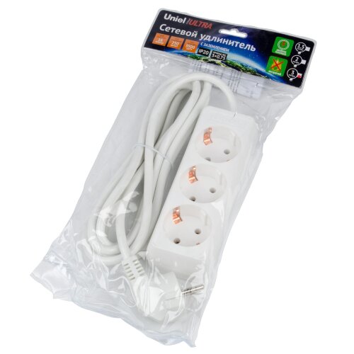 S-GCU3-3 WHITE Удлинитель серии Ultra, шнур 3м., 3 гнезда, 16A, с-з, Белый, TM Uniel - фото 2