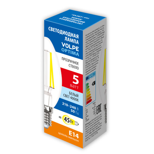 LED-C35-5W-4000K-E14-CL-SLF Лампа светодиодная, Форма свеча, прозрачная, Белый свет 4000K - фото 2