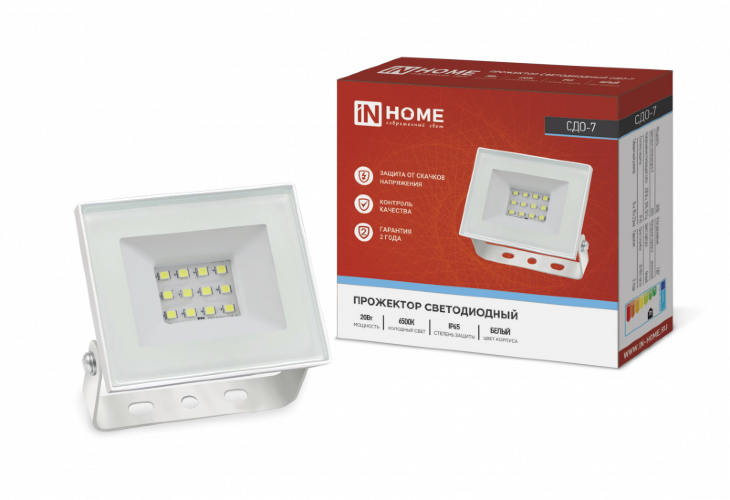 Прожектор светодиодный СДО-7 20Вт 230В 6500К IP65 белый IN HOME - Фото 2