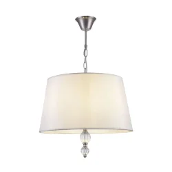 Серия светильников для интерьеров гостиных, спален и офисов в современном стиле. Арматура из метала цвета “никель” дополнена декоративными элементами из прозрачного акрила (шарики). Белые абажуры из текстиля на ПВХ. (Никель)