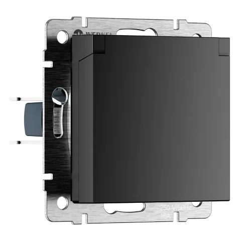 Розетка влагозащ. с зазем. с защит. крышкой и шторками N (черный матовый) W1171208 - фото