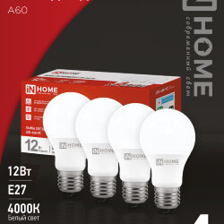 Лампа светодиодная LED-A60-VC 4PACK 12Вт 230В Е27 4000К 1140Лм (4шт./упак) IN HOME