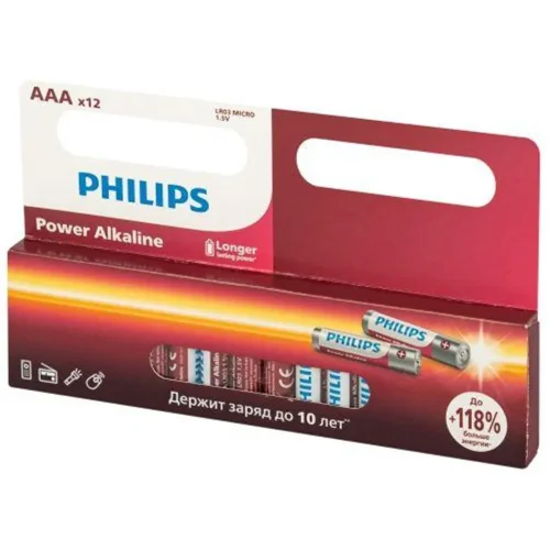 Элемент питания алкалиновый AAA/LR03 1.5В Power (блист. 12шт) Philips Б0064681 - фото