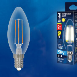 LED-C35-9W-3000K-E14-CL PLS02WH Лампа светодиодная, Форма свеча, прозрачная, Серия Sky, Теплый белый свет 3000К.
