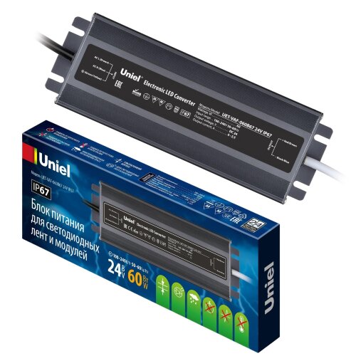 UET-VAF-060B67 24V IP67 Блок питания ультратонкий, 60Вт. Металлический корпус. TM Uniel - фото