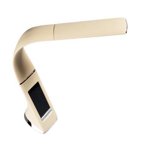 TLD-542 Cream-LED-300Lm-5000K-Dimmer Светильник настольный c часами, календарем, термометром, 5W, Сенсорный выключатель, Кремовый стилизован под кожу. - фото 5