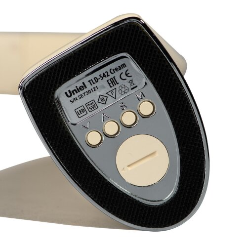 TLD-542 Cream-LED-300Lm-5000K-Dimmer Светильник настольный c часами, календарем, термометром, 5W, Сенсорный выключатель, Кремовый стилизован под кожу. - фото 9