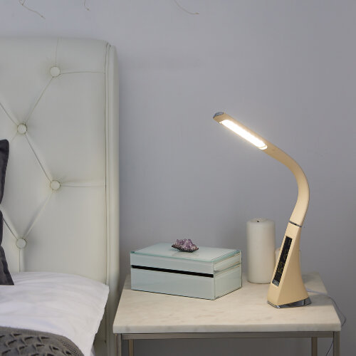 TLD-542 Cream-LED-300Lm-5000K-Dimmer Светильник настольный c часами, календарем, термометром, 5W, Сенсорный выключатель, Кремовый стилизован под кожу. - фото 12