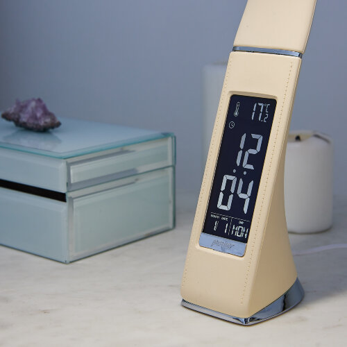 TLD-542 Cream-LED-300Lm-5000K-Dimmer Светильник настольный c часами, календарем, термометром, 5W, Сенсорный выключатель, Кремовый стилизован под кожу. - фото 14