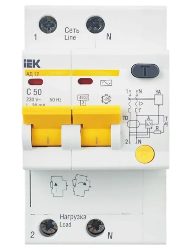 Выключатель автоматический дифференциального тока 2п C 50А 30мА тип AC 4.5кА АД-12 KARAT IEK MAD10-2-050-C-030 - фото 2