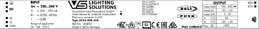 VS 40W DALI2/NFC 100-400мА 30-120V ECXd 400.348 прогр/NFC 280x30x21мм - драйвер для светодиодов Vossloh-Schwabe. Фото 2