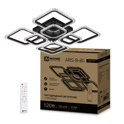 Светильник светодиодный ELEGANT ARIS-B-BG 120Вт 230В 3000-6500K 8400Лм 585х585х115мм пульт ДУ черный IN HOME - Фото