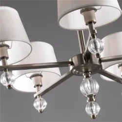 Серия светильников для интерьеров гостиных, спален и офисов в современном стиле. Арматура из метала цвета “никель” дополнена декоративными элементами из прозрачного акрила (шарики). Белые абажуры из текстиля на ПВХ. (Никель)