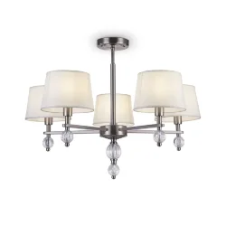 Серия светильников для интерьеров гостиных, спален и офисов в современном стиле. Арматура из метала цвета “никель” дополнена декоративными элементами из прозрачного акрила (шарики). Белые абажуры из текстиля на ПВХ. (Никель)