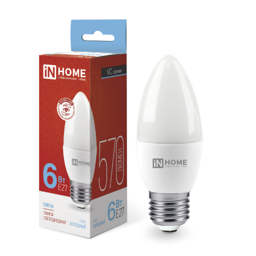 Лампа светодиодная LED-СВЕЧА-VC 6Вт 230В Е27 6500К 570Лм IN HOME - Фото