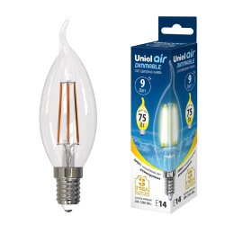LED-CW35-9W-3000K-E14-CL-DIM GLA01TR Лампа светодиодная диммируемая, Форма свеча на ветру, прозрачная, Серия Air, Теплый белый свет 3000K.