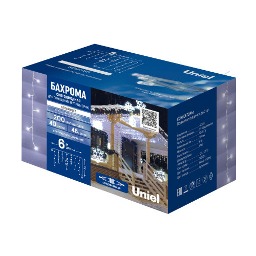 ULD-B6007-200/STK WHITE IP44 Бахрома светодиодная со статическим свечением, 6м. Соединяемая. 200 светодиодов. Белый свет. Провод прозрачный. ТМ Uniel - фото