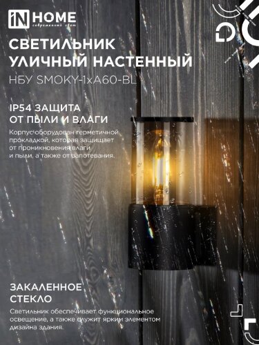 Светильник уличный настенный односторонний НБУ SMOKY-1хA60-BL алюминиевый черный IP54 IN HOME - Фото 5