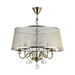 Серия из металла цвета античной бронзы. Арматура светильников Driana дополнена завитками на рожках и узогнутым декором в центральной части. Абажуры из полупрозрачной органзы выполнены в виде колокольчиков и обрамлены ободками из металла. (Бронза Антик)