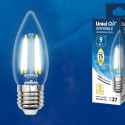 LED-C35-9W-4000K-E27-CL-DIM GLA01TR Лампа светодиодная диммируемая, Форма свеча, прозрачная, Серия Air, Белый свет 4000K.