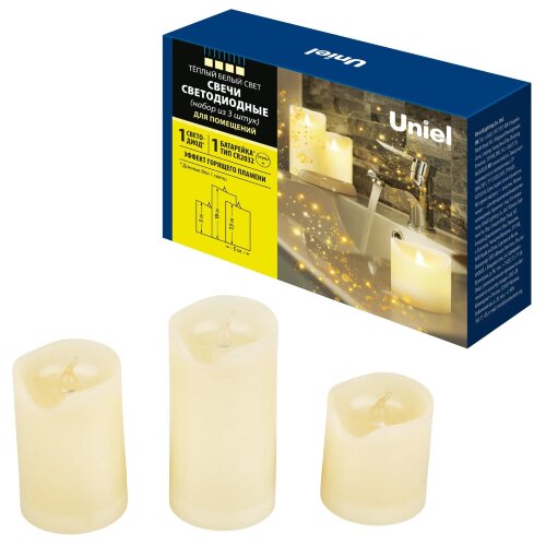 ULD-F060 WARM WHITE CANDLE SET3 Фигура светодиодная «Свеча» на батарейках CR2032 (в/к), в составе набора из 3 штук. 1 светодиод. Теплый белый свет. TM Uniel - фото